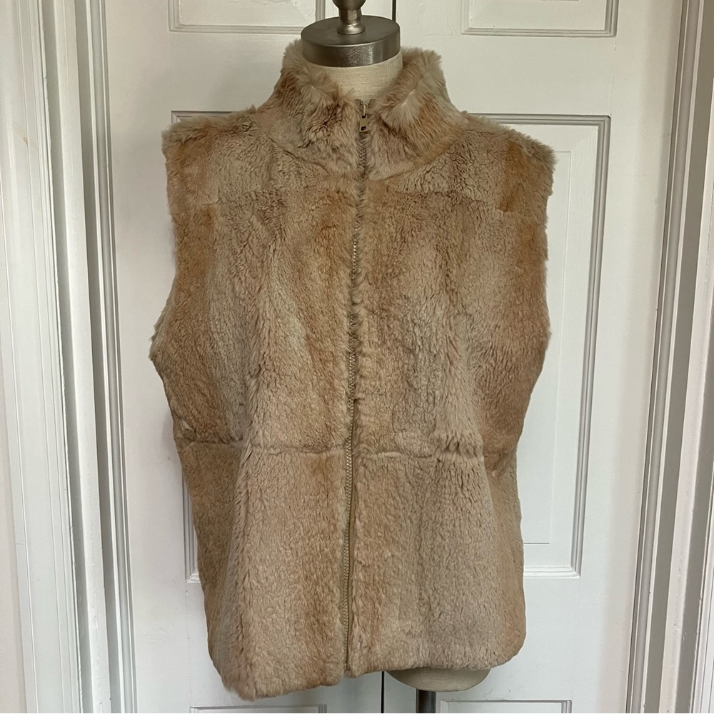 Lord & Taylor Vintage Real Rabbit Fur Vest L XL Zip Up Cream Tan
